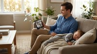 Young Caucasian father relaxing on couch with tablet while baby sleeps peacefully beside him in bright modern living room with plants and natural light.