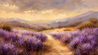 Tranquil mountain landscape with winding path through blooming lavender fields at sunset, purple wildflowers frame golden dirt road leading to misty peaks.