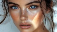 Young Caucasian woman with striking blue eyes and natural freckles in soft morning light. Fresh-faced beauty portrait with glowing skin and tousled hair for skincare campaigns.