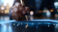Young African American person writing with fountain pen on dark surface with magical blue bokeh light effects creating atmospheric business composition.