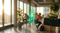 Professional businessman touching interactive holographic display in modern office environment with natural sunlight and urban workspace technology.