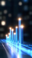 Glowing blue bar chart visualization with light effects on dark background showing upward trend, digital grid lines and bokeh elements create futuristic financial concept.