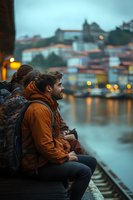 Young male traveler in orange jacket with backpack sitting by riverside at dusk, watching illuminated cityscape with historic buildings reflected in calm waters.