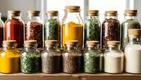 Glass jars with cork lids filled with colorful spices, herbs, oils and seasonings arranged on wooden shelf for cooking and culinary storage organization.