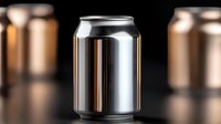 Shiny aluminum beverage can on dark background with soft focus reflection and dramatic lighting, metallic surface with realistic texture and shadows.