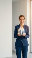 Woman in navy business suit holding glowing gift box with ribbon, smiling at camera in modern office corridor. Corporate professional presenting reward, bonus, or incentive concept for business, employee recognition, and corporate gifting campaigns.
