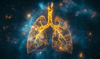 Glowing golden lungs with branching bronchi against cosmic space background with stars and blue nebula, medical science concept for respiratory health.