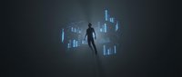 Silhouette of male professional surrounded by glowing blue data charts and analytics displays, representing business intelligence, digital transformation, and corporate growth strategy.