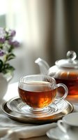 Steaming cup of brewed tea in glass mug with saucer, white ceramic teapot, and fresh purple flowers in soft natural light for beverage and lifestyle content.