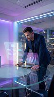 Professional businessman analyzing holographic data charts and graphs in futuristic office with purple neon lighting and city skyline view at night.