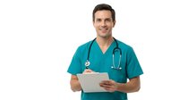 Male healthcare professional in teal scrubs holding tablet, stethoscope around neck, smiling at camera against white background for medical and clinical use.