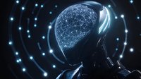 Futuristic cyborg head with glowing neural network brain pattern against dark background with light particles, representing artificial intelligence technology.