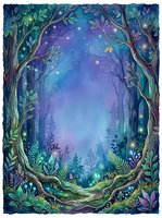 Enchanted forest pathway framed by gnarled trees with glowing foliage, leading to a starlit sky filled with magical lights and cosmic wonder, perfect for fantasy and children's book illustrations.