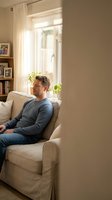 Man in casual blue long-sleeve shirt sitting in beige armchair by bright window with potted plants, relaxing in modern home interior with natural daylight for lifestyle and wellness content.