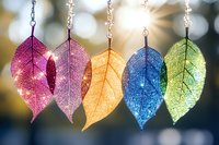 Colorful skeleton leaves in pink, purple, yellow, blue and green hanging as decorative elements with sparkling glitter effect against blurred bokeh background.