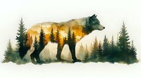 Double exposure wolf silhouette with pine forest landscape and sunset sky, artistic watercolor style nature illustration showing wilderness scene.
