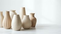 Collection of modern ceramic vases in neutral beige tones arranged on white surface for contemporary home decor and interior design projects.
