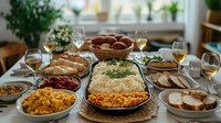 Festive dinner table with traditional holiday dishes, roasted turkey, side dishes and wine glasses in cozy dining room setting for family celebration.