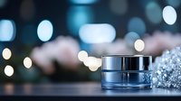 Luxury blue cosmetic jar with silver cap on elegant surface with bokeh lights background for premium skincare and beauty product advertising.