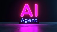 Glowing neon AI Agent text in pink and blue colors on dark background with reflection, modern cyberpunk style lighting effect for technology concept.