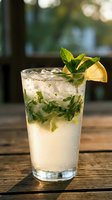 Refreshing mojito cocktail with fresh mint leaves and lemon slice in tall glass on wooden table. Summer drink for bar menu and restaurant advertising.