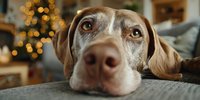 Close-up portrait of senior Weimaraner dog resting on couch with Christmas tree lights bokeh in background, creating warm holiday atmosphere.