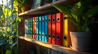 Colorful office binders arranged on wooden shelves with green potted plant, sunlight streaming through window creating cozy workspace atmosphere for organization and storage.