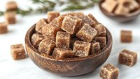 Brown sugar cubes in wooden bowl on white table, crystallized natural sweetener close up, selective focus, rustic food photography.