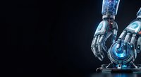 Futuristic robotic hands with glowing blue energy cores on dark background, suitable for technology, artificial intelligence, innovation, and sci-fi design projects.