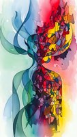Abstract watercolor composition with flowing organic shapes and vibrant rainbow colors blending from cool blues to warm reds and yellows for creative projects.