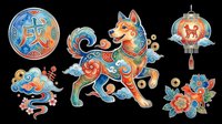 Colorful decorative Asian-inspired dog ornaments and charms isolated on transparent background, ready for t-shirt design, clipart, stickers, sublimation, and print-on-demand products.
