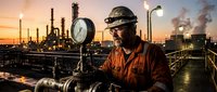 Industrial worker in safety gear monitoring pressure gauge at oil refinery during golden hour sunset with smokestacks and processing equipment in background.