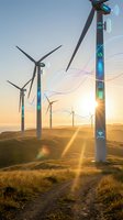Smart wind turbines with digital connectivity icons at sunset generating renewable energy for sustainable power grid and green technology solutions.