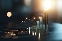 Financial growth chart with glowing bars and upward trend line on dark background, dramatic lighting creates professional business atmosphere.