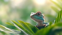 Curious blue-crested forest dragon lizard peering through tropical green leaves in natural sunlight with soft bokeh background and selective focus.