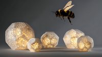 Honey bee flying over illuminated geometric glass spheres with delicate lace patterns creating magical ambient lighting atmosphere on dark background.