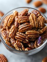 Fresh roasted pecan nuts in glass bowl, macro food photography with selective focus showing detailed texture and natural brown color tones.