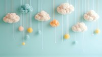 Soft pastel clouds with hanging spheres on mint green background create dreamy nursery atmosphere. Gentle cotton wool decorations for baby room design.