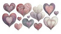 Romantic watercolor hearts in soft pink and purple tones with delicate patterns and textures, arranged in various sizes on white background for valentines designs and love themes.