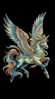 Ornate winged horse with intricate blue, gold, and red detailing, isolated on transparent background. Ready for t-shirts, stickers, clipart, sublimation, and print-on-demand designs.