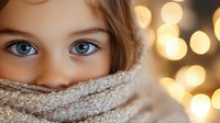 Young Caucasian woman with blue eyes wearing cozy knit scarf with warm bokeh lights creating festive winter holiday atmosphere for seasonal campaigns.