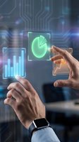 Businessman hands interacting with holographic data visualization charts and graphs in futuristic digital interface for business analytics and reporting.