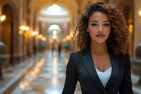 Professional mixed-race businesswoman with curly hair in elegant black blazer standing confidently in luxurious marble hallway with warm lighting.