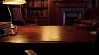 Wooden desk in elegant study room with warm lamp lighting, fireplace, and bookshelves, suitable for business and professional backgrounds.