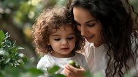 Young mother and toddler daughter exploring nature together, bonding outdoors among green plants. Family lifestyle moment with curly-haired child learning about environment.
