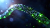 Glowing green digital wave with luminous particles and network pattern on dark background creates futuristic technology visualization for tech presentations.