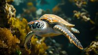 Green sea turtle swimming gracefully through coral reef with golden seaweed in deep blue ocean water, showcasing natural underwater marine life and sea creature motion.