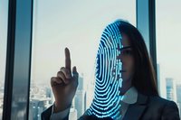 Asian businesswoman in office with futuristic holographic fingerprint projection, raising finger. Digital security and biometric authentication concept in corporate setting.