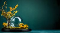 Glass dome with yellow wildflowers in vase on black tray against dark green background, creating moody atmospheric still life composition with copy space.