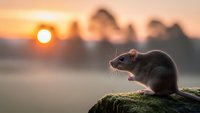 Small brown rat sitting on mossy rock during golden hour sunset with warm orange light and blurred natural landscape background for wildlife photography.